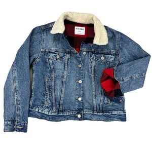 Old Navy Women's Sherpa Lined Denim Jacket Plaid‎ Flannel M Petite Medium Wash